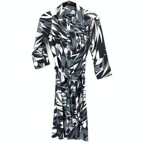 VTG Express Sz S Geometric Abstract Print Shirtdress Black White Gray Tie Waist